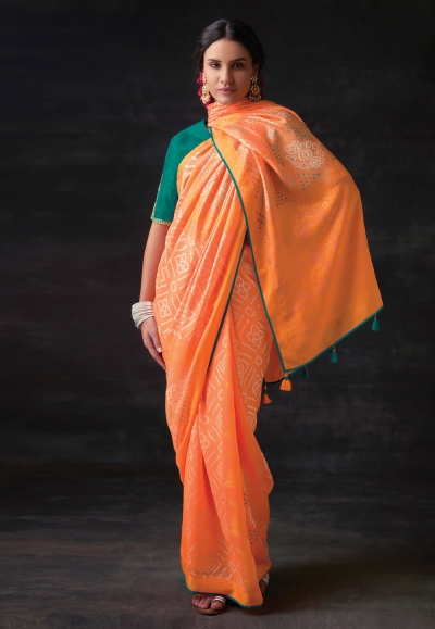 Brasso Saree with blouse in Orange colour 16024