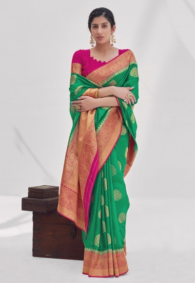 Silk Saree with blouse in Green colour 16002