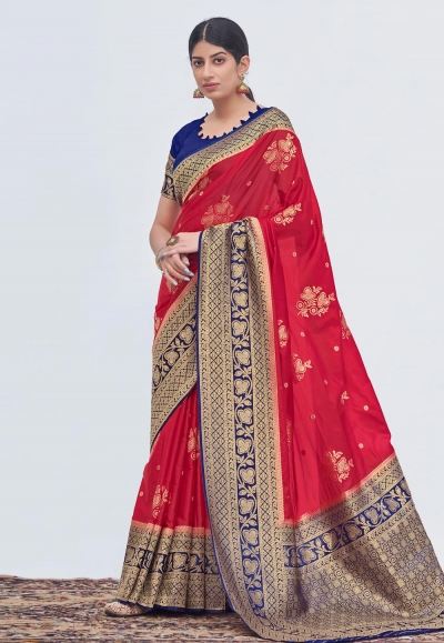 Silk Saree with blouse in Red colour 17005