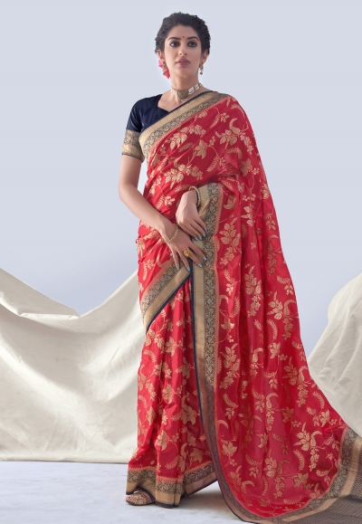 Silk Saree with blouse in Red colour 18002