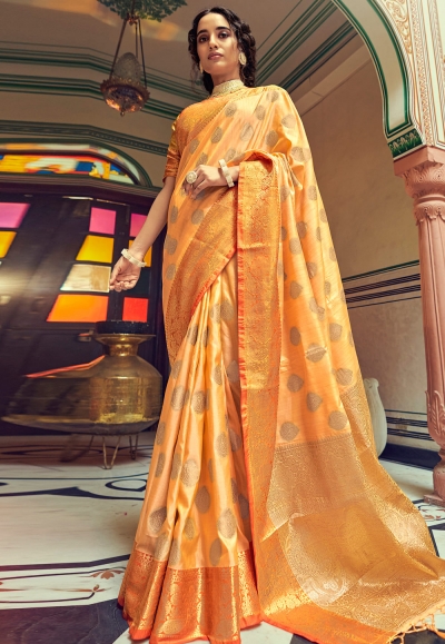 Silk Saree with blouse in Orange colour 10064