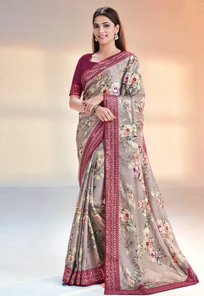Satin silk Saree with blouse in Beige colour 42309