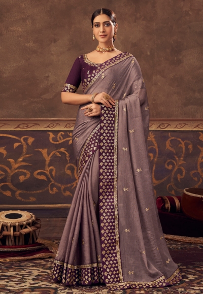 Chinon Saree with blouse in Lavender colour 4807