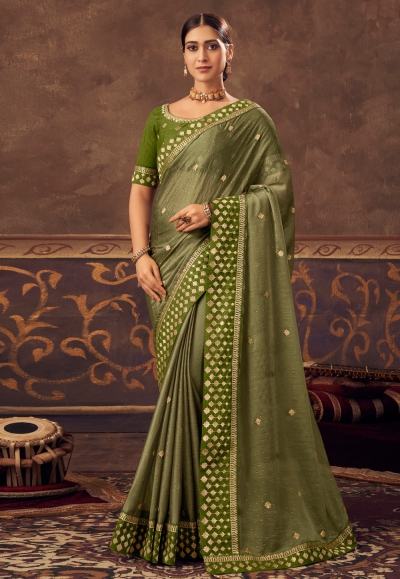 Chinon Saree with blouse in Mehndi colour 4809