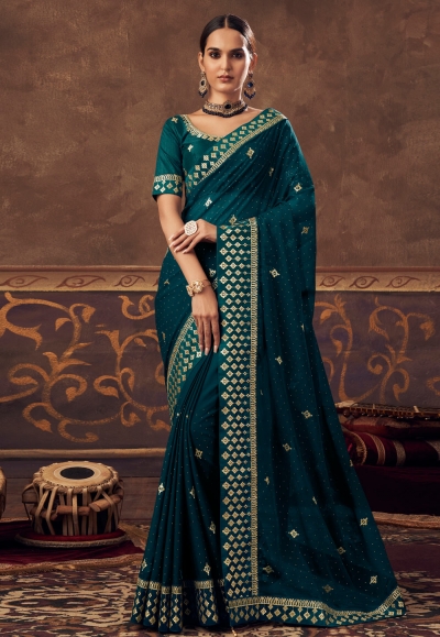 Chinon Saree with blouse in Teal colour 4808