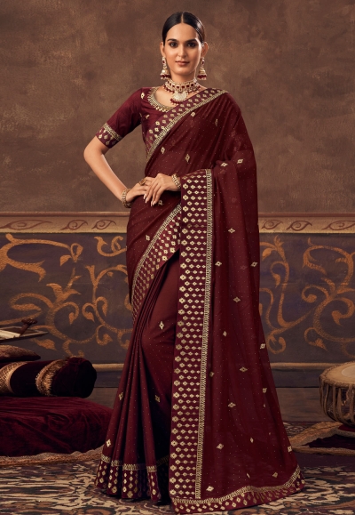 Chinon Saree with blouse in Wine colour 4802