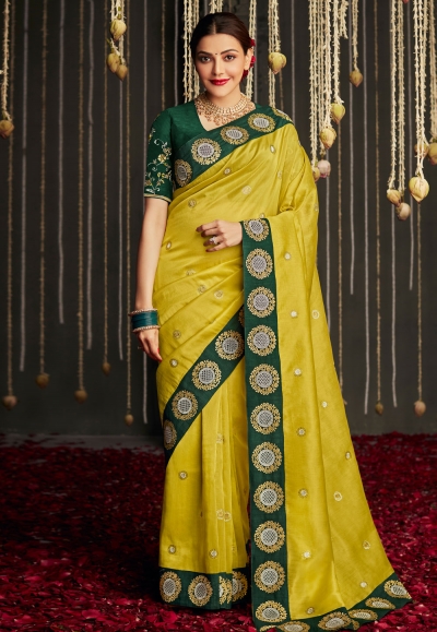 Kajal aggarwal Green silk bollywood Saree in light colour 5228