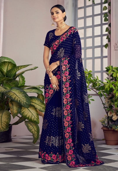 Georgette Saree with blouse in Navy blue colour 1361