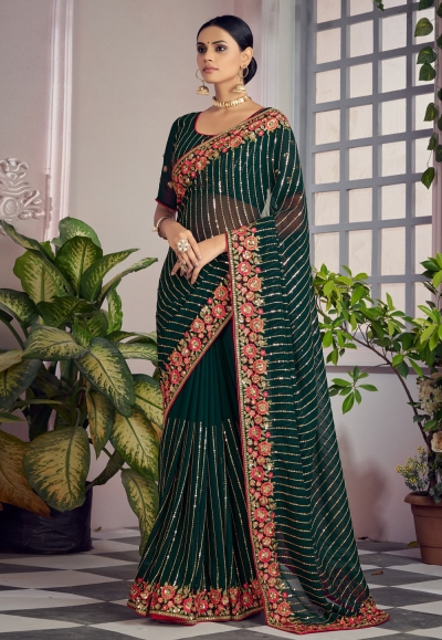 Georgette Saree with blouse in Green colour 1362