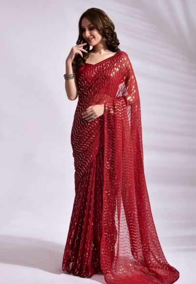 Georgette Saree with blouse in Red colour 172145