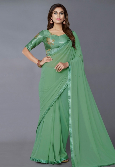 Georgette Saree with blouse in Pista green colour 909