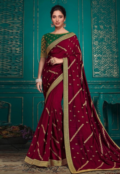 Tamannaah bhatia Silk bollywood Saree in maroon colour 9714