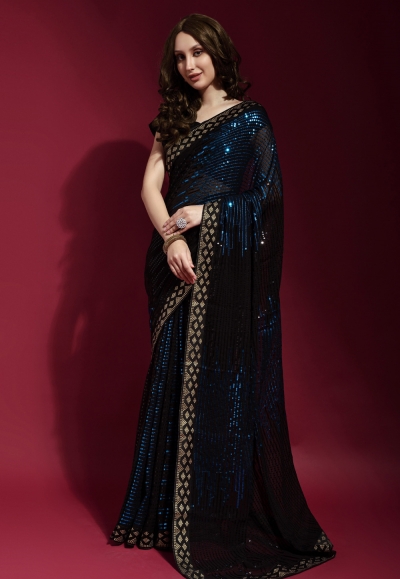 Georgette sequence Saree in Navy blue colour 172249