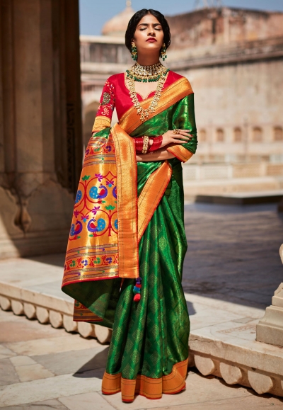 Silk Saree with blouse in Green colour 1455