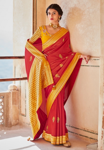 Silk Saree with blouse in Red colour 1463