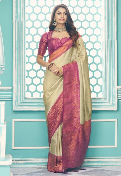 Silk Saree with blouse in Beige colour 14009
