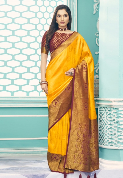 Silk Saree with blouse in Yellow colour 14008