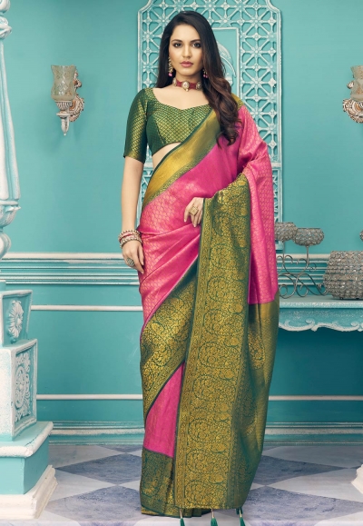 Silk Saree with blouse in Pink colour 14002