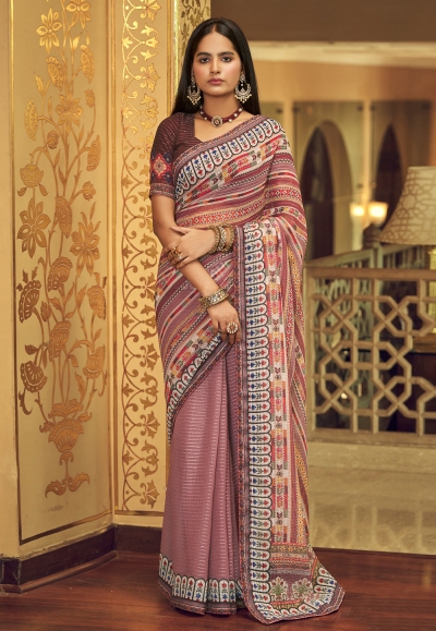 Georgette Saree with blouse in Pink colour 29001