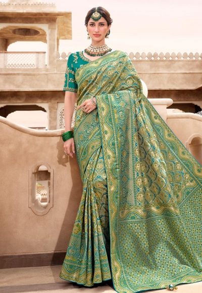 Silk Saree with blouse in Teal colour 13413