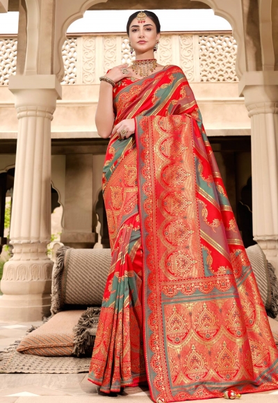 Silk Saree with blouse in Red colour 13417