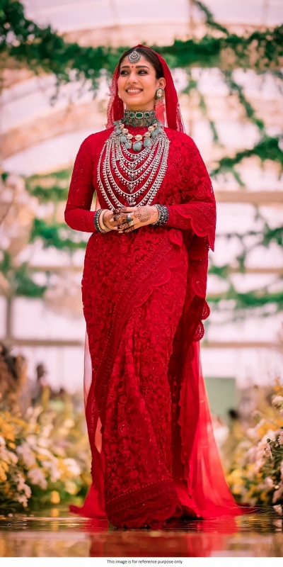 Buy Kollywood Nayanthara Inspired red net embroidered saree in UK, USA and  Canada