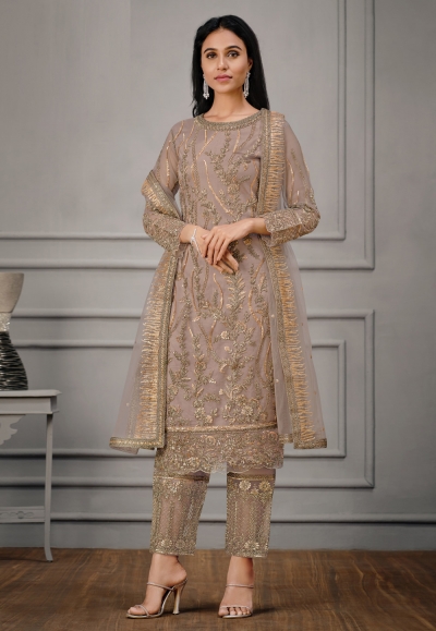 Net kameez with pant in Brown colour 4921