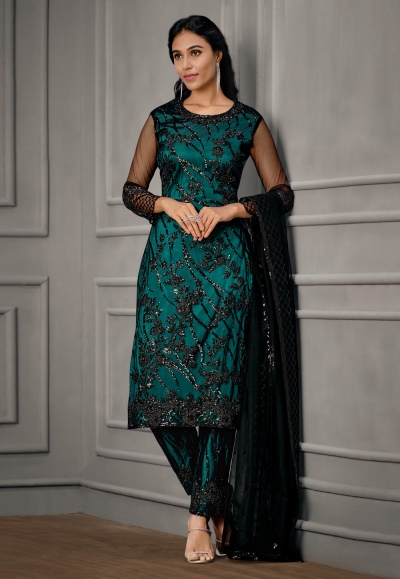 Net kameez with pant in Green colour 4929