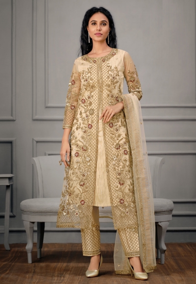 Net pant style suit in Beige colour 4928