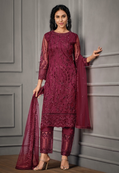 Net pant style suit in Magenta colour 4926