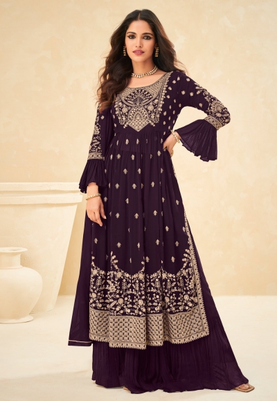 Georgette embroidered palazzo suit in Purple colour 9208