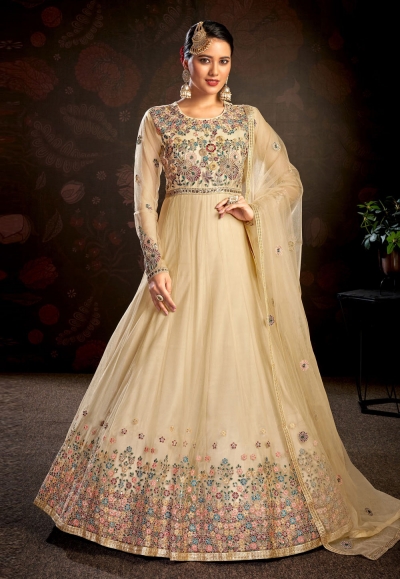 Net floor length Anarkali suit in Beige colour 7915