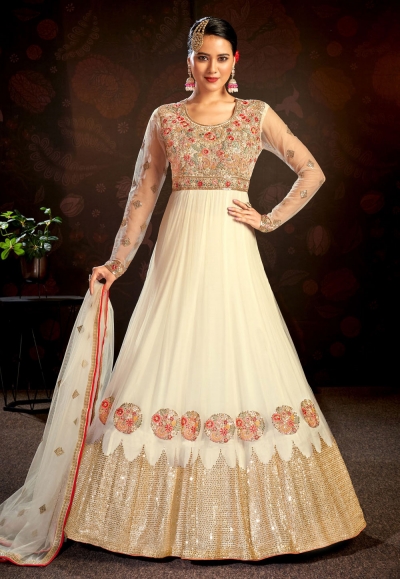 Net Anarkali suit in Off white colour 7914