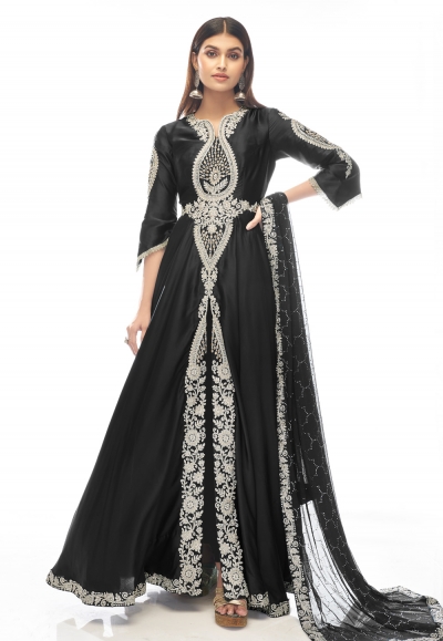 Satin abaya style Anarkali suit in Black colour 1010