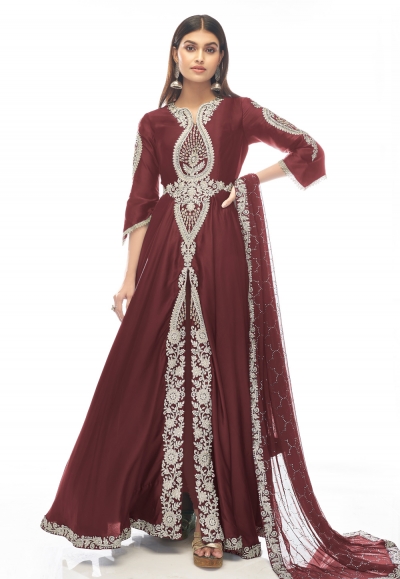 Satin abaya style Anarkali suit in Maroon colour 1008