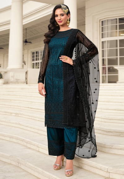Net embroidered pant style suit in Teal colour 3401