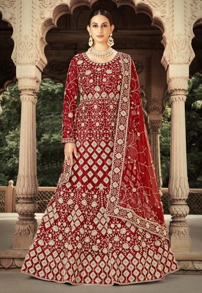 Net long Anarkali suit in Maroon colour 3204