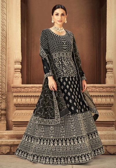 Net abaya style Anarkali suit in Black colour 3207