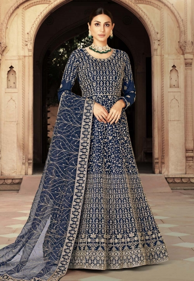 Net long Anarkali suit in Navy blue colour 3210