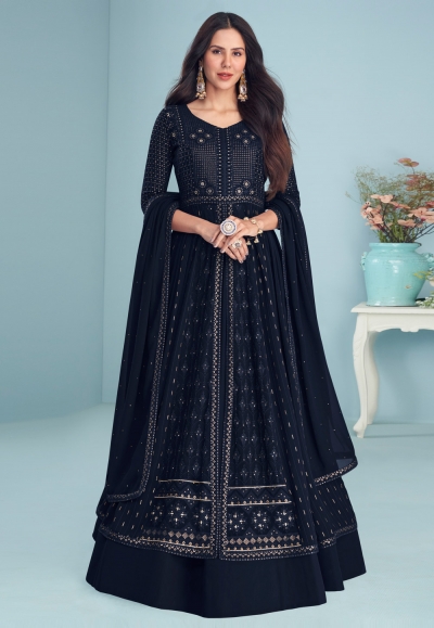 Georgette center slit Anarkali suit in Navy blue colour 9294