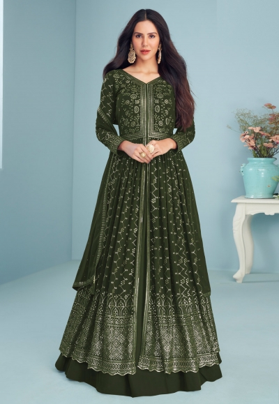 Green georgette center slit Anarkali suit in Camo colour 9292