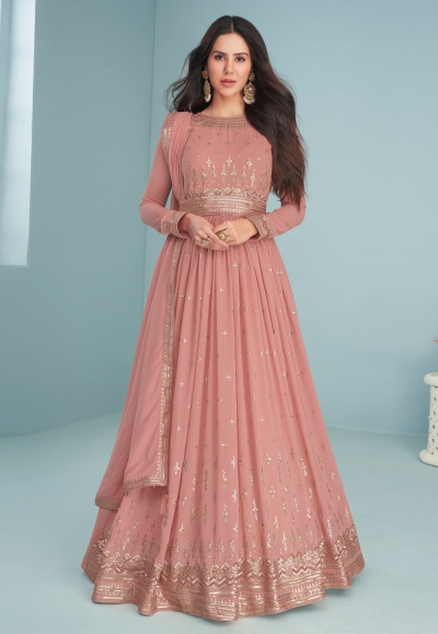 Georgette abaya style Anarkali suit in Pink colour 9293