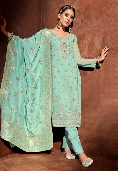 Georgette pant style suit in Sky blue colour 2203