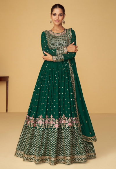 Georgette abaya style Anarkali suit in Green colour 9361