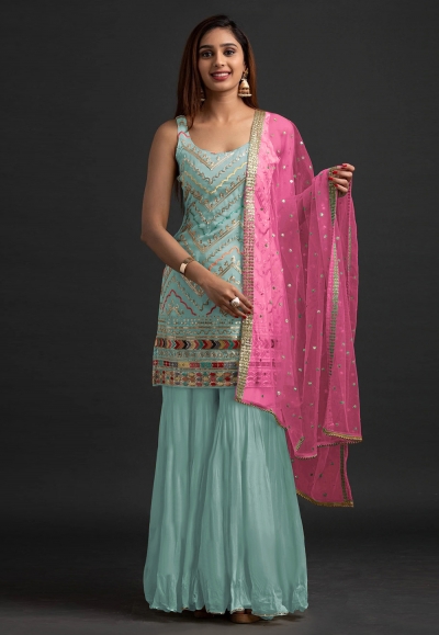 Faux georgette sharara suit in Sky blue colour 1003C