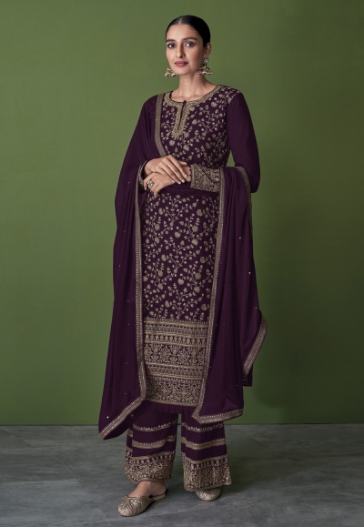 Faux georgette embroidered palazzo suit in Purple colour 151B