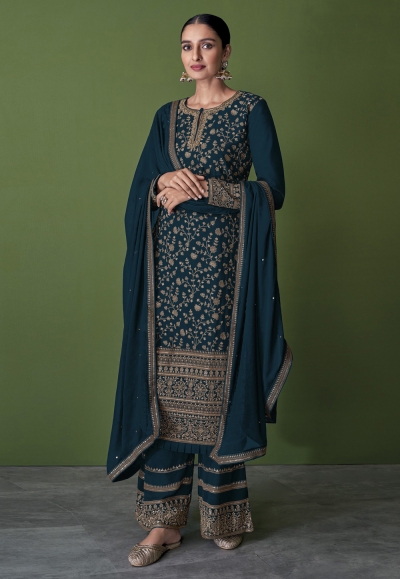 Faux georgette embroidered pakistani suit in Teal colour 151E