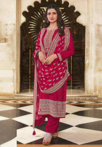 Desai magenta silk pant style suit in Prachi colour 16801