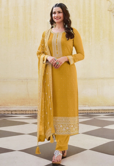 Desai mustard silk pant style suit in Prachi colour 16803