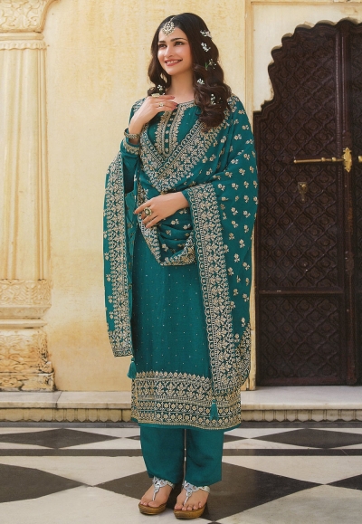 Desai teal silk pant style suit in Prachi colour 16807